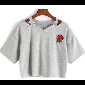 New SS Crop top, rose lft front, peek-a-boo collar